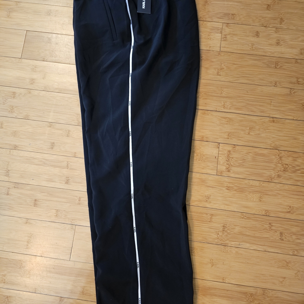 NWT Karl Lagerfeld Wide Leg Pant With White Piping Down The Side - Picture 3 of 6